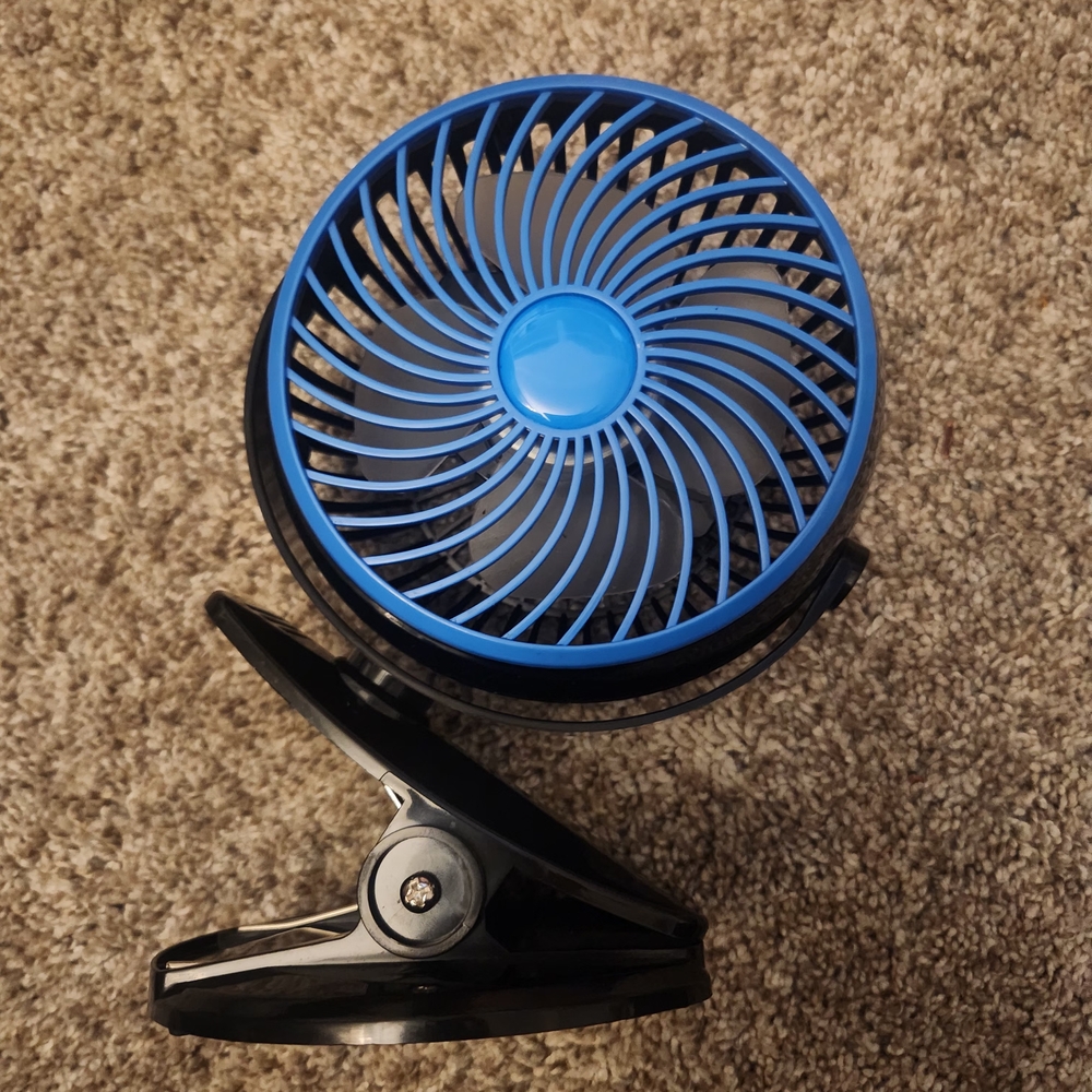 Blue and Black Clip-On Fan